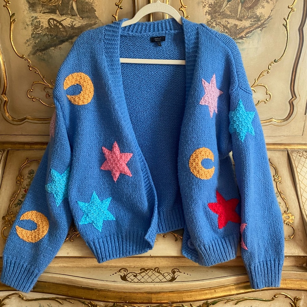 Debut Blue Cardigan with Colorful Star and Moon Patterns